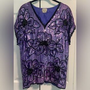 Vintage Judith Ann Creations Floral Sequined Silk Sleeveless Blouse